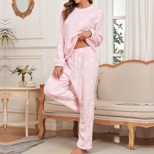 Womens Fleece Pyjamas Set Flannel Soft Twosie Pyjama Sets Hearts Winter Warm Pajamas Fluffy Loungewear Faux Fur Sherpa Fuzzy Pjs Nightwear Comfort Loose 2 Piece Outfit Ladies Thick Plush Pajamas Sets — photo 2