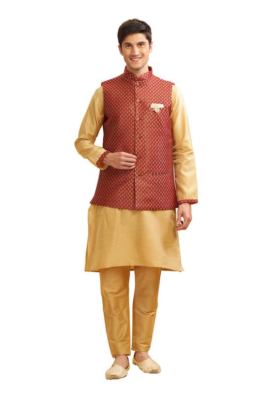 Be Active Men's Regular Kurta Pyjama Set With Nehru Jacket, Solid Straight Long Knee Length Full Sleeves, Ethnic Wear Comfortable Traditional Elegant, Red, Xl (St1207-2-