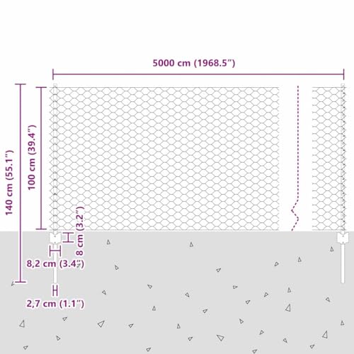 vidaXL Zaun mit Pfosten Silber 1 x 50 m Stahl, Verstellbare Außenumzäunung, moderner Gartenzaun, stabiler Raumteiler, vielseitige Sichtschutzlösung für Gärten