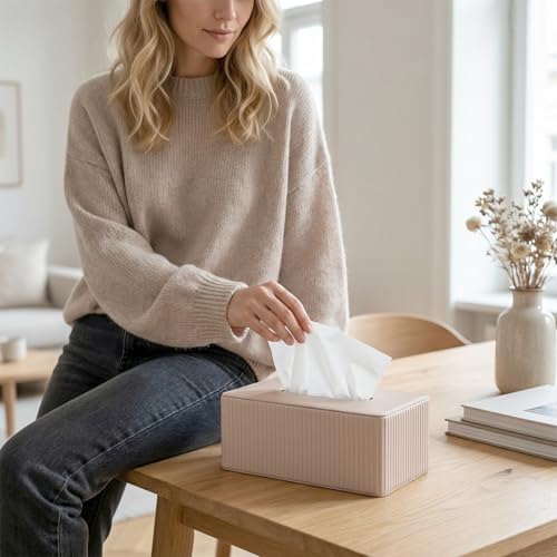 Kosmetische Taschentuchboxen, Leder-Taschentuchbox,Taschentuchbox für Büro,Zuhause, Wohnzimmer und Badezimmer, rechteckig Taschentuchspender aus PU-Leder, （Khaki, Striped，25x14x9cm）