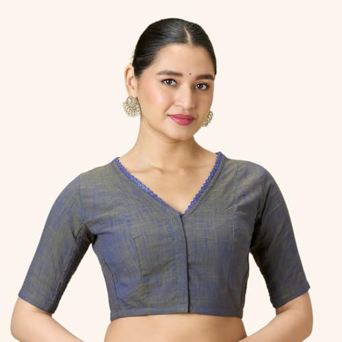 Image of Studio Shringaar Women's Handloom Cotton Side Stretchable (Smocked) Readymade Saree Blouse with Crochet Neckline