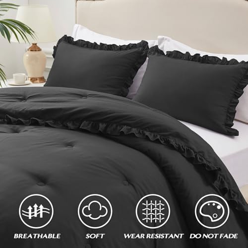 Image of HARBOREST Full Comforter Set Black - Ruffle Bedding for All Seasons, 3 Pieces Shabby Chic Set (1 Comforter & 2 Pillow Shams)