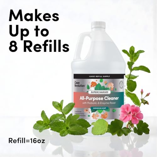 Image of Clean Revolution SuperCharged All Purpose Cleaner Refill with Smart Probiotic + Enzyme Complex, Multi-Surface Kitchen Bathroom & Floor Cleaner, Geranium Mint, 128 Fl Oz
