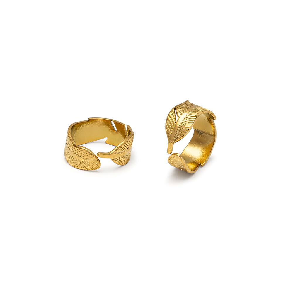 Gold Plated Steel Band Ring Leaf Lava Seal Pattern One Size Adjustable Handmade