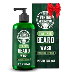 Viking Revolution Tea Tree Beard Wash for Men with Argan Oil and Ginseng Root Extract – Beard Softener and Strengthener Beard Shampoo with Olive Oil Beard Care to avoid Beard Dandruff and Itch (17oz)