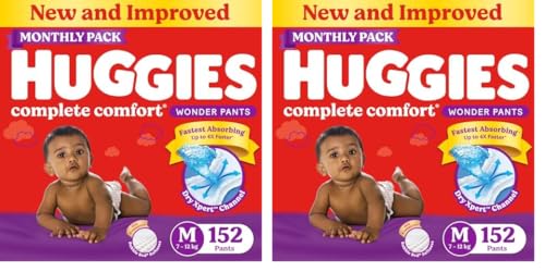 Image of Huggies Complete Comfort Wonder Pants | Pant Style Baby Diapers M Size, 152 Count | India's Fastest Absorbing Diaper, Patented Dry Xpert Channel, Ideal for 7 to 12 Kgs (Pack of 2)