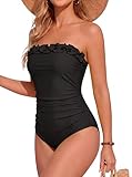 Smismivo Strapless Swimsuits for Women Bandeau Swimming Costume One Piece Tummy Control Swimwear Ruched Slimming Vintage Tube Top Padded Push Up Bathing Suit (Black)