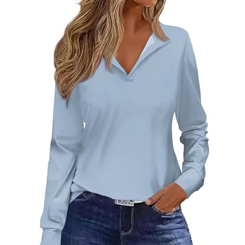 Blusas femininas folgadas de manga comprida gola V verão outono 2024 na moda, I-034 Azul royal claro