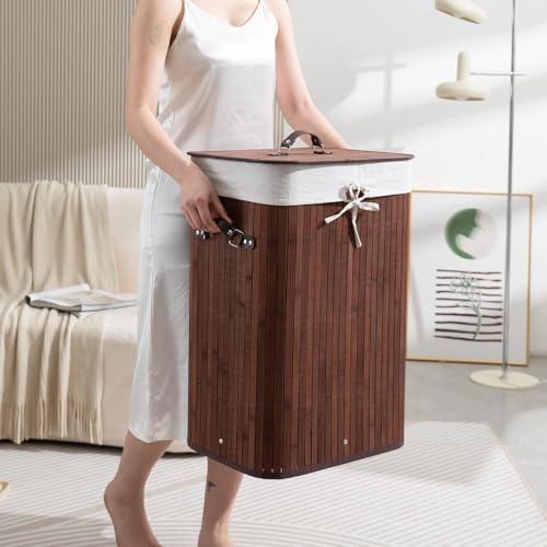Image of HOKIPO Eco-Friendly Foldable Bamboo Laundry Basket Hamper with Lid, Large - 81 Liter, Coffee Brown (AR1538)