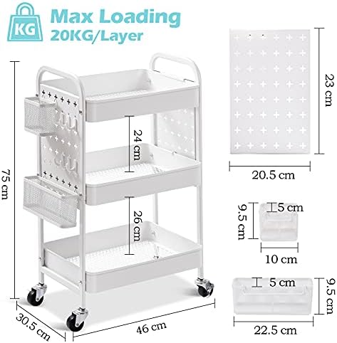 KINGRACK 3-Tier Rolling cart,Storage Trolley with DIY Dual Pegboards on 2 Sides,Utility Cart with Removable Baskets Hooks, Serving Storage Cart Easy Assemble for Office,Home,Kitchen,Classroom White