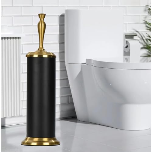 Image of J&V TEXTILES Toilet Brush, Toilet Bowl Brush with Extra Long Handle Durable Bristles Toilet Scrubber and Covered Holder for Toilet Brush Set for Bathroom Cleaning (Matte Black /Aged Brass)