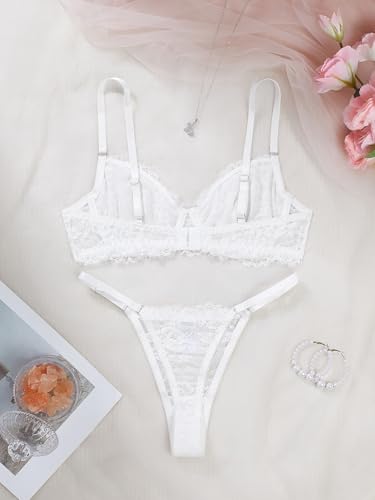 Image of Sexy Floral Embroidered Flower Mesh Underwire Push Up Lingerie Set
