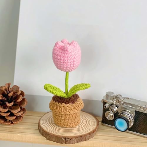 Lutoku Cute Knitted Flower Plant Kawaii Handmade Crochet Flowers Small Potted Artificial Flower Plants Desk Home Car Dashboard Decorations (Tulip-Pink)