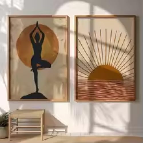 Illustration Yoga Bohème pour Mur de Chambre | Cadre Tableau Toile Femme Soleil 21x30cm