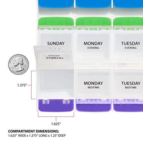 Image of Ezy Dose Weekly (7-Day) Pill Case, Medicine Planner, Vitamin Organizer Box, 3X-Large Push Button Compartments, 4 Times a Day, Clear Lids, BPA Free
