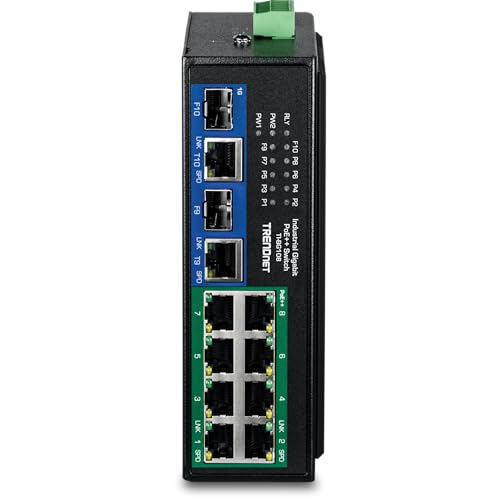 Image of TRENDnet 10-Port Industrial Gigabit 400W PoE++ DIN-Rail Switch, TI-BG108, 8 x Gigabit PoE++ Ports, 2 x Gigabit Shared Ports (RJ-45 / SFP), 20Gbps, 400W (Renewed)