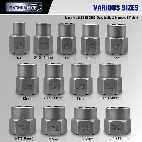 PLATINUMEDGE 13 Pieces Impact Bolt & Nut Remover Set, Stripped Bolt Extractor Set, Cr-Mo Extraction Tool Set with Solid Storage Case, Easy Out Rusted Rounded Damaged Nuts and Bolts