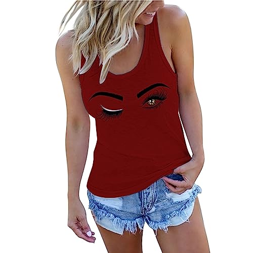 Briskorry Débardeur d'été sans manches pour femme - Avec motif imprimé - Décontracté - Col rond - Pour adolescentes et filles - Couleur unie