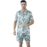 ShuiGod Men's Silky Satin Pajama Set Short Sleeve Classic Sleepwear Button Down Loungewear with knickers（Green football-M）
