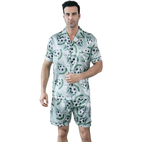 ShuiGod Men's Silky Satin Pajama Set Short Sleeve Classic Sleepwear Button Down Loungewear with knickers（Green football-M）