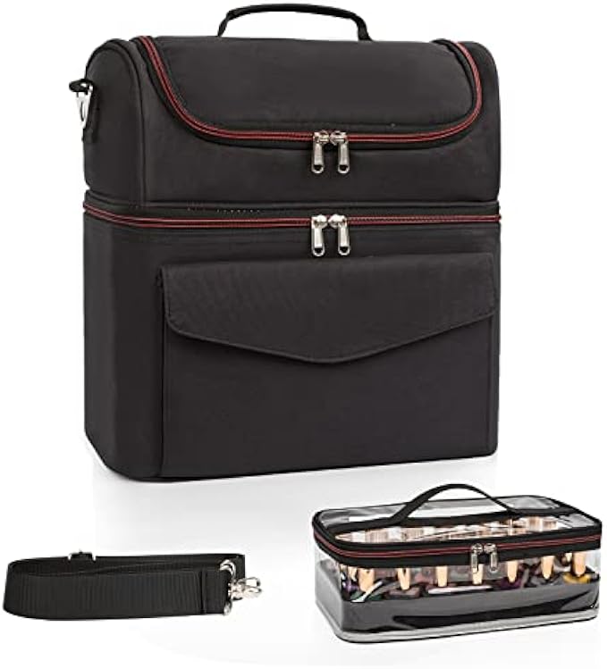 Nail Polish Organizer Holds 56 Bottles (15ml - 0.5 fl.oz), Double Layer Nail Polish Case with Removable Storage Compartment, Travel Bag for Manicure Tools, Carrying Bag for Fingernail Polish and Nail