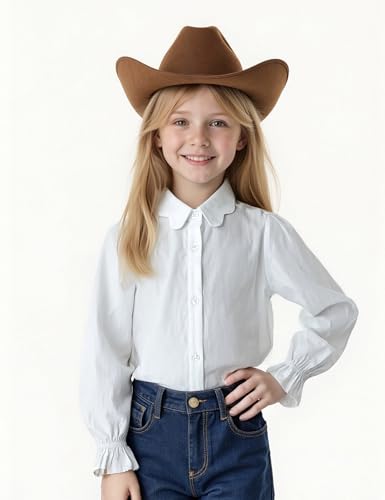 Image of Girls Button Down Shirt Puff Sleeves Blouse Summer Cute Top Doll Collar School Uniform, 4-13Y