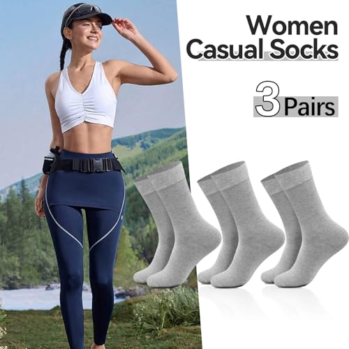 NKMOOS Solid Grey Womens Socks Crew Cotton,Thin Crew Socks for Women,Soft Cozy Casual Everyday Business Work Breathable Lightweight Athletic Gifts for Women Sock Size 7-9 3 Pairs — view 3