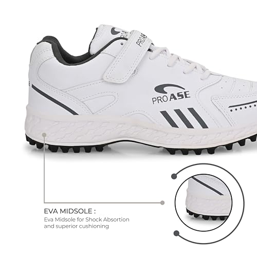 Image of Pro ASE Lightweight Cricket Shoes - Durable & Comfortable | Ideal for Turf, Ground & Hard Surfaces | Allrounder Design with Studs, Velcro & Superior Grip | White, Blue, Grey