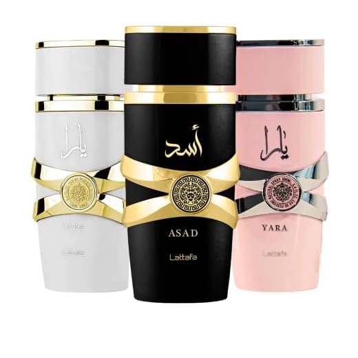 Lattafa for Women 3 Piece Eau de Parfum Gift Set (Yara + Yara Moi + Asad) 3.4 Ounce/100 ml each