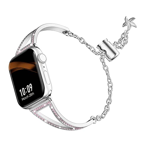 Missair Bling Bands Compatible with Apple Watch Band 38mm 40mm 41mm, Women Dressy Versatile Shiny Diamond Bracelet for iWatch Series 8/7/6/5/4/3/2/1/SE, Silver With Pink Diamond