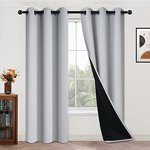 Image of Yakamok 100% Blackout Curtains for Bedroom 84 Inch Length, 2 Thick Layers Thermal Insulated Grommet Total Blackout Drapes with Black Liner for Living Room (42Wx84L,Light Grey, 2 Panels)