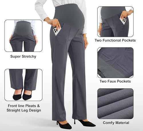 Image of PACBREEZE Women's Maternity Pants for Work Over-Bump Pregnancy Casual Stretchy Straight Dress Pants with Pockets