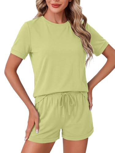 Image of LYANER Pajama Set for Women 2 Piece Lounge Set Striped Crew neck Short Sleeve Tops and Shorts Soft Sleepwear