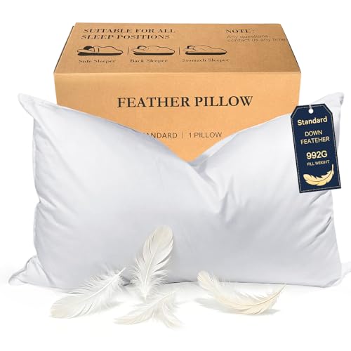 BHZ Goose Down Feather Standard/Queen Pillow, Luxury Hotel Collection Bed Pillow for Sleeping, Firm Soft Support for Side & Back Sleepers for Apartment College Dorm Room Essentials, White