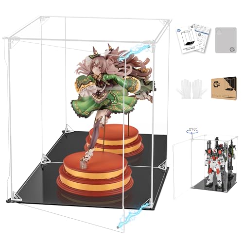 KUKER フィギュアケース アクリルケース UVカット 背面ミラー マグネット付き 前扉 コレクションケース ディスプレイケース ショーケース 組み立て式 汚れ防止 手袋 クリーニングクロス付き (幅30×奥行30×高さ35cm,台座黒＋背面ミラー)（Amazon）
