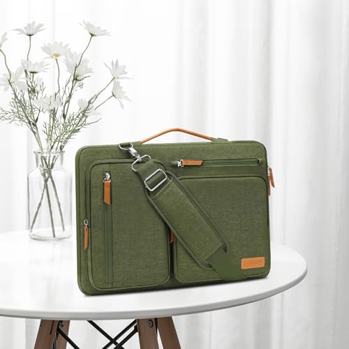 Image of MOSISO 360 Protective Laptop Shoulder Bag,14 inch Computer Bag Compatible with MacBook Air 15 inch M4 M3 A3114 M2 A2941 /Pro A1990 A1707,Side Open Messenger Bag with 4 Zipper Pockets&Handle,Olive Green