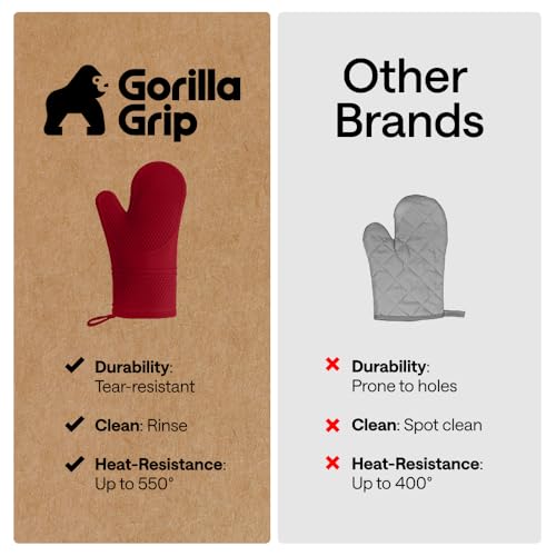 Image of Gorilla Grip Silicone Non Slip Oven Mitt Set, Soft Flexible Oven Gloves, Professional Heat Resistant Kitchen Cooking Mitts, Protect Hands from Hot Surfaces, Cookie Sheets, Red Pair, Set of 2