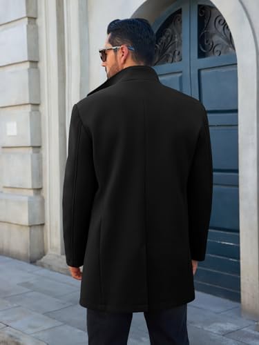 Runcati Mens Pea Coats Single Breasted Stand Collar Casual Slim Fit Trench Coat Mid Long Winter Overcoat with Pockets3