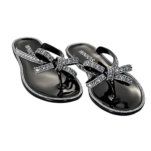 WnioJbobss Womens Flat Sandals Jelly Flip Flops Waterproof Rhinestone Bowtie Thong Sandal Strappy Slides for Daily Beach Pool-black-9-40 - Image 4