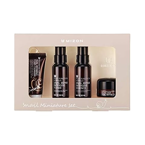 MIZON Snail Line Set, Korean Snail Skincare Essentials Set, Mini Sized Snail Foam Cleanser, Toner, Essence, and All in One Facial Cream to Improve Skin Tone, Fine Wrinkles, Smooth, Moisturize. Cover