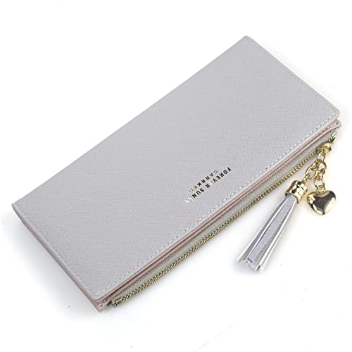 Image of SUMGOGO Wallets for Women Slim Clutch Purse Handbag Card Holder Womens Long Tassel Zipper Pocket Fashion Taiga Leather Billfold Wallet (Gray)