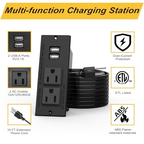 Toma de corriente empotrada para escritorio, 2 unidades, con 2 enchufes y 2 puertos USB, cable de extensión de 10 pies, certificado ETL miniatura 5