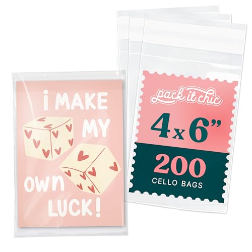 Pack It Chic - 4 X 6 Self Sealing Cellophane Bags (200 Pack) - Clear Small Plastic Bags With Resealable Adhesive for 4X6 Photos Prints Card Sleeves and Small Gift Packaging