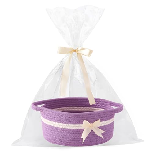 Image of Gift Baskets Empty, Small Woven Rope Storage Basket with Bow and Ribbons and Gift Wrap, Bowknot Decorative Gifts Basket with Handles, DIY Storage Organizer Basket for Wedding Graduation, Purple