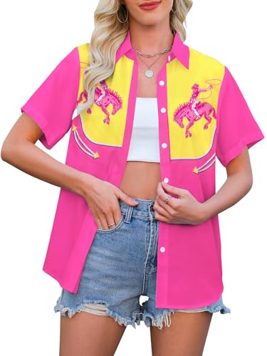 Western Shirts for Women Retro Cowgirl Shirt Rodeo Button Down Tshirt Snap Western Outfits Collared Blouses Tops Pink
