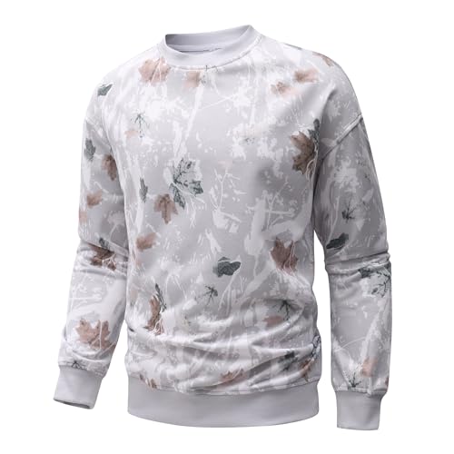 Flygo Mens Camo Sweatshirt Maple Leaf Print Crewneck Sweatshirts Oversized Casual Long Sleeve Fashion Pullover Top