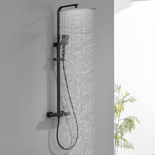 Auralum Colonne de Douche Noire Thermostatique avec Mitigeur en Laiton, Ciel de Douche 30x30cm, Pompe à Main Carrée, Réglable en Hauteur - Kit Complet Salle de Bain
