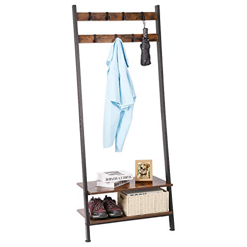 Wall-Leaning Ladder Shelves Coat Rack Hall Tree Entryway Shelf Shoe Rack Home Office Decor Wood Look Furniture with Metal Frame