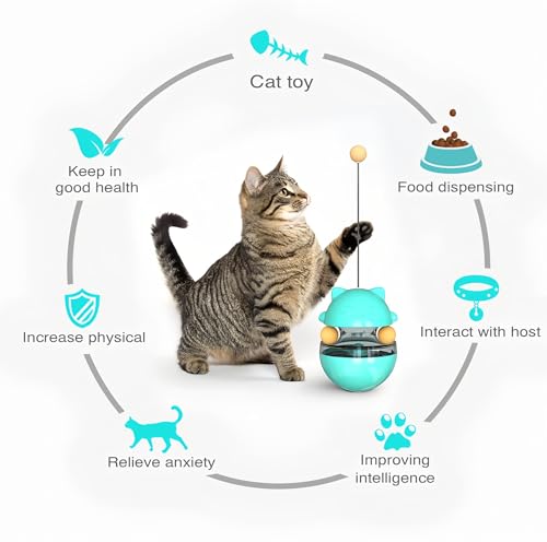 Stehauf Federkatze Spielzeug, Katzenspielzeug mit Federstab,intelligenzspielzeug für katzen, Futterspender für langsames Fressen und Training, geeignet für selbstständiges Spielen von Katzen