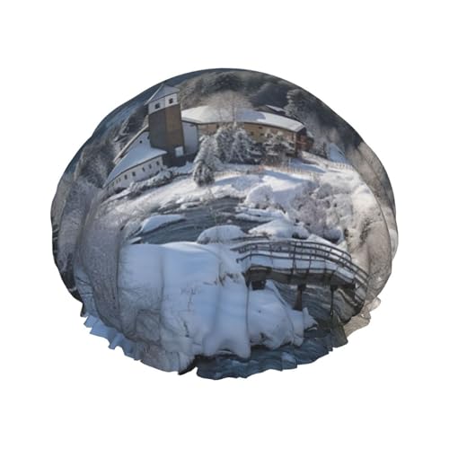 Gorro de ducha con estampado de paisaje de invierno en los Alpes bávaros para mujer, doble capa, impermeable, elástico, reutilizable, protección para el cabello, gorro de baño para spa, salón de baño